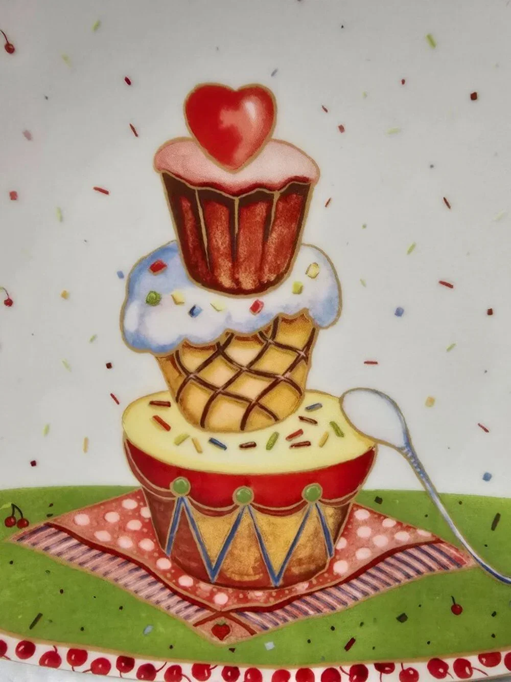 222 Fifth Sweet Confetti Plate Square Cupcake Tower Dessert Cherry Red Porcelain